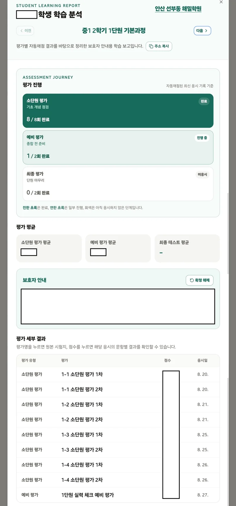 소단원 평가는 완료되고 예비 평가는 진행 중인 실제 평가 분석 화면