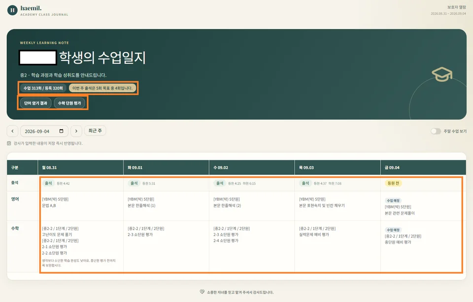 수업 횟수, 단원 평가 버튼, 등하원과 수업 내용이 강조된 실제 수업일지 화면